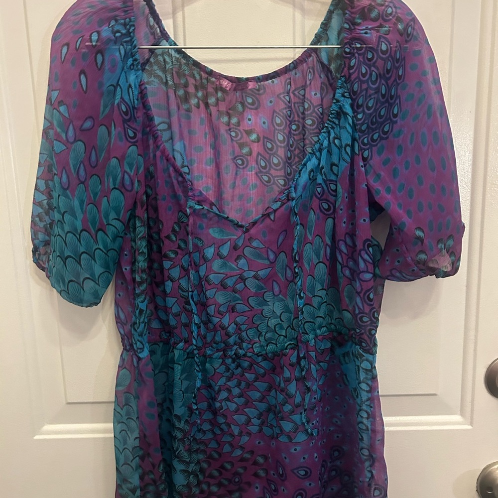 🆓Free w purchase🦚Smart Sheer Pretty Peacock Flowy Blouse Purple,Blue & Teal🦚